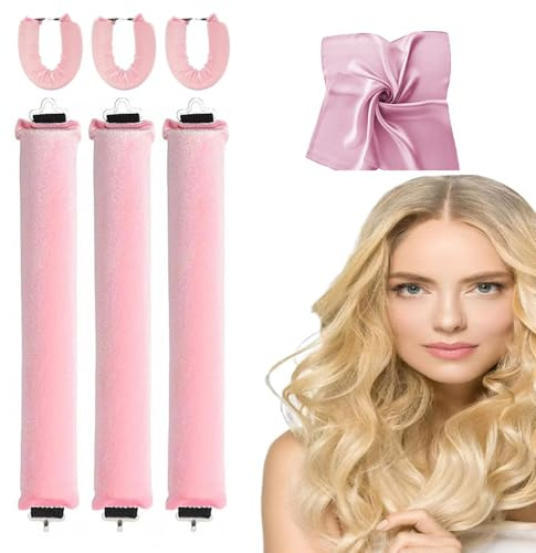 Overnight No Heat Hair Curls 3Pcs, for Long Medium Hair Overnight Heatless Jumbo Flexi Rods With Hook for Hair Heatless Curlers Headband,and Sleeping at Night with Square Head Scarf(Pink)