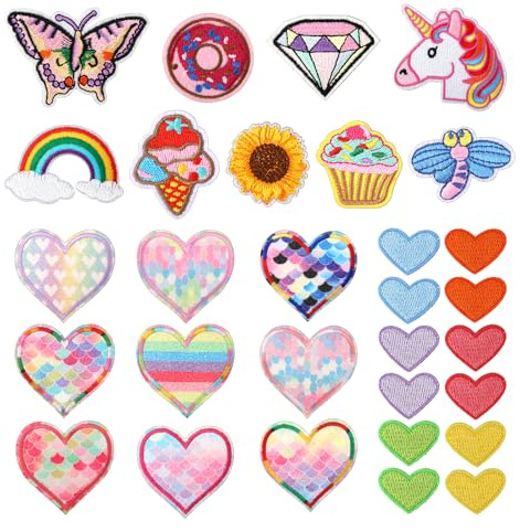 30 Stück Aufnäher zum Aufbügeln für Kinder, Aufnäher mit Herz Regenbogen Meerjungfrau Schmetterling Bunte Bestickte Applikation zum Aufnähen für Mädchenkleidung Hüte Rucksäcke