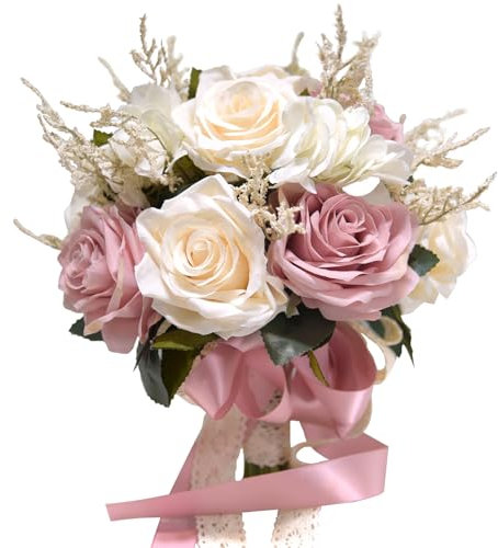 Dusty Pink Wedding Bouquets for Bride Bridesmaid,White Blush Pink Artificial Fake Silk Roses Flowers Bridal Bouquet for Wedding French Vintage Boho Rustic Church Decoration Toss Bouquet (8.6in(M))