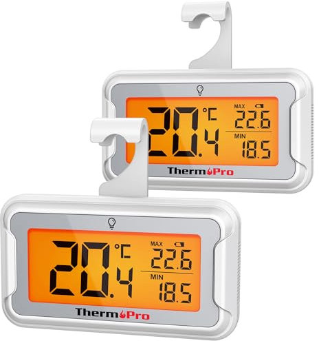 ThermoPro Termómetro para frigorífico con gran pantalla LCD retroiluminada, termómetro impermeable para congelador con registro de máximos y mínimos, termómetro digital frigorífico, 2 unidades