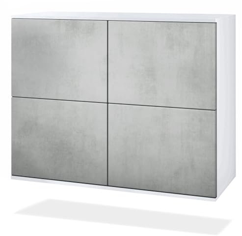 Vladon Kommode Rova V3, Moderner Küchenschrank mit 4 Push-to-Open Türen Weiß matt/Beton Oxid Optik (92,5 x 73.5 x 35)