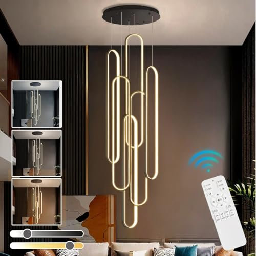 DOCJX Hängeleuchte Treppe LED Moderne Dimmbar Treppenhaus Pendelleuchte Wohnzimmer 260W Höhenverstellbar Kronleuchter Mit Fernbedienung Für Villa Treppe Deckenleuchte Esszimmer Schlafzimmer Pendellamp