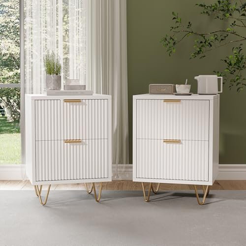 LLODERY Stilvolles Nachttisch 2er Set 40x40x55cm, Kleine Kommode mit 2 Schubladen, Sofatisch, Beistelltisch, Telefontisch mit goldenen Griffen, Nachtschrank für Schlafzimmer oder Wohnzimmer, Weiß