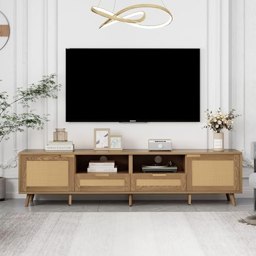 Jaxenor 200cm Kunststoffrattan TV Schrank für 85 Zoll Fernseher, Eiche