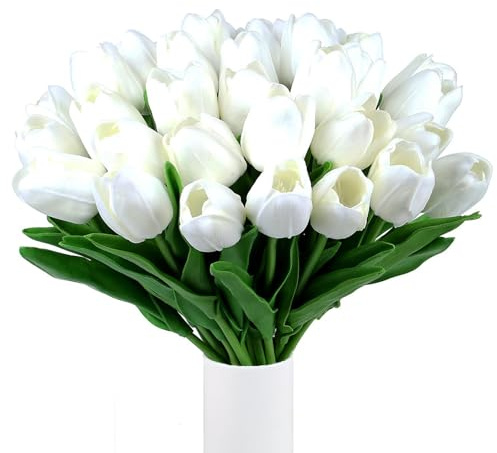 XIANNVXI 15 Stück Weiß Tulpen Künstlich wie Echt Real Touch Latex Fake Weiß Tulpen Blumensträuße Künstliche Tulpe Blumen Arrangement für Muttertag Hochzeit Brautparty Heimdekoration