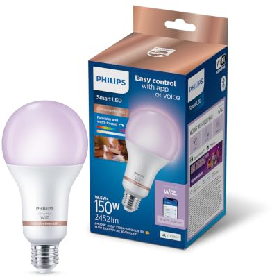 Philips Smart Lighting, Smart LED RGB A80 Bulb, E27 Base, 2452 lm, Color and Tunable White Light 2200-6500 K, Low Dimming, Connected by WiZ, Alexa, Google Home, Apple Home