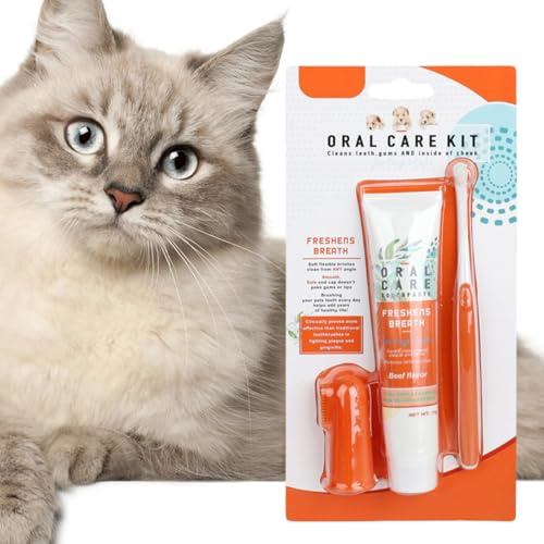 Pet Dental Care Set - Dog & Cat Toothbrush and Toothpaste, Finger Toothbrush, Teeth Cleaning Products, Dental Kit Against Bad Breath (Beef Flavor)