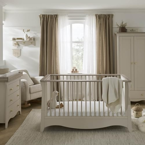 CuddleCo Clara Nursery Furniture Set in Cashmere & Ash - Convertible Cot Bed, Dresser with Removable Baby Changing Table, Double Kids Wardrobe with 2 Hanging Rails and Adjustable Shelf (3pc)