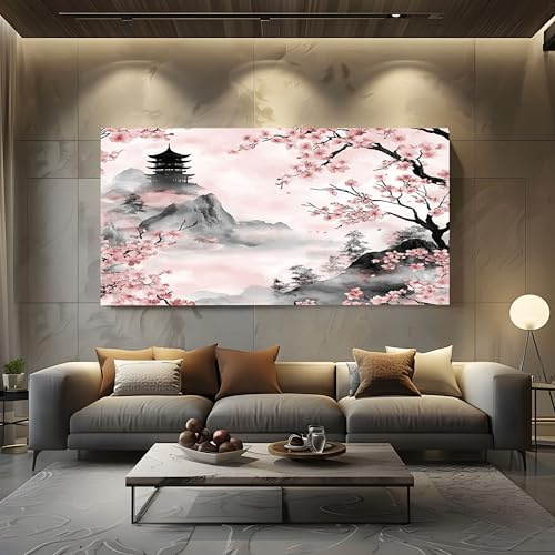 ZORYAN Wandbilder Dekoration Wohnzimmer Leinwand Bilder Japanische Canvas | Kirschblüte Rosa Leinwandbild Schlafzimmer Deko, Wandbilder, Groß Kunstdruck Art Wanddeko Bild Decor 70x140 cm Rahmenlos