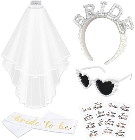 BELICOO JGA Deko 5 Stück Bride To Be Deko, Umfassen Bride To Be Schärpe, Herz Sonnenbrille, Perle Braut Stirnband, Tattoo, Braut Schleier mit Kamm für Junggesellenabschied Frauen Hochzeitsfotografie