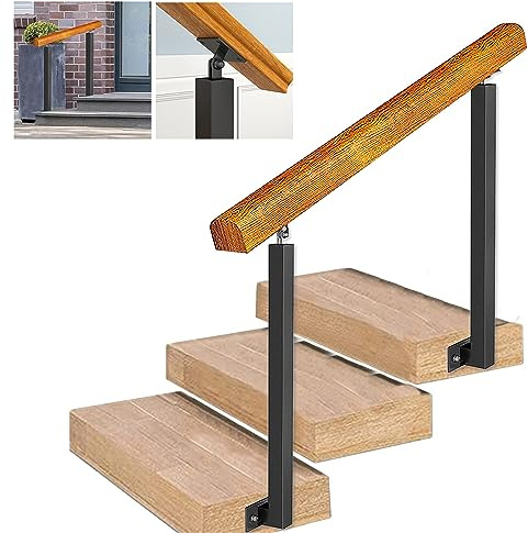 Il en bois réglable pour escalier intérieur/extérieur – Convient à 2 ou 3 marches Comprend des supports à 270° et des poteaux en fer forgé pour un soutien sécurisé de la balustrade