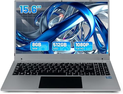 Hcjip Ordinateur Portable 15,6 Pouces, 8Go RAM 512Go SSD PC Portable, Celeron N5095 Processeur Quad-Core, FHD 1080P, USB 3.0, Mini HDMI, TF, Bluetooth, WiFi (Gris)