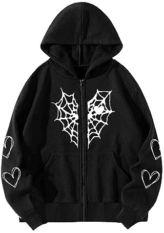 Dam herr gotisk hjärtformat tryck huvtröja pullover punk dragkedja jacka kappa lös överdimensionerad streetwear Alt gotisk estetisk mörk akademi punk E-girl, Svart, XL