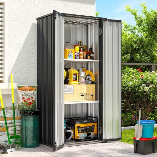 Aoxun 2.5×1.5ft Vertical Shed Outdoor Storage Cabinet Outdoor & Indoor Use Metal Vertical Shed with 3 Layer Outdoor Waterproof Tall Cabinet 2 Adjustable Shelves for Garage, Porch, Patio Garden, Black
