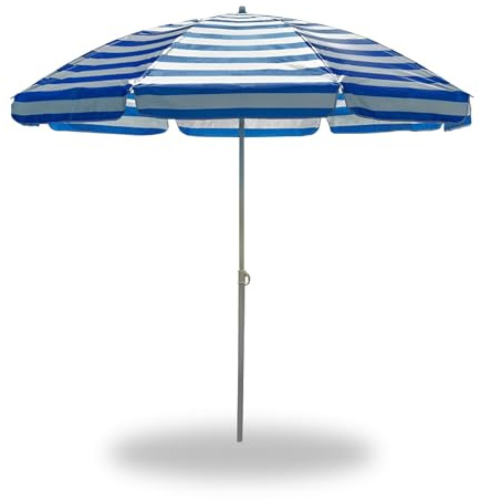 Ombrellone da spiaggia portatile a righe bianche e blu da 2,4 m, impermeabile, protezione UV, parasole rotondo da giardino per terrazza all'aperto, piscina e uso in viaggio
