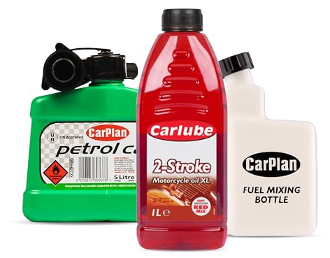Carlube 2-Stroke Mineral Motorcycle Oil, CarPlan 5L Fuel Can, Unleaded Petrol (Green) + CarPlan 2-Stroke Fuel Mixing Bottle 1L