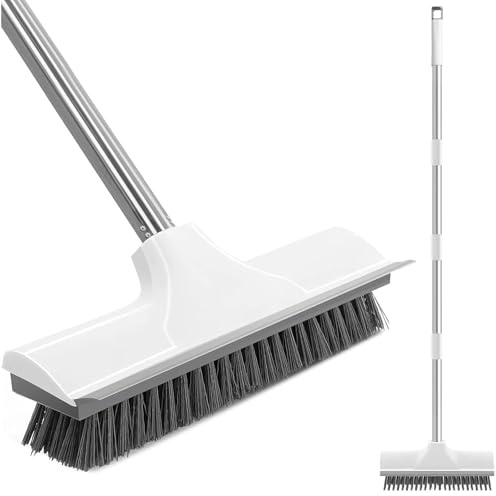 2-in-1 Scrub & Squeegee Floor Cleaner, Retractable Rust-Resistant Stainless Steel Handle (50-130cm), Multi-Use for Kitchen/Bathroom Hard Floors, Low Noise Ergonomic Cleaning Tool