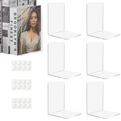 Aurinovellia 6 Stück Transparent Buchstützen, Acryl-Buchstützen für Regale, 24 Stück Rutschsicher-Pads, 3mm verdickt Stück Rutschfester Klarer Buchständer, für Schlafzimmer Bibliothek Büro 10x10x13cm