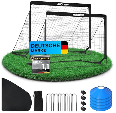 NEOLYMP Fußballtor Kinder Set – Faltbare Tore für Garten & Outdoor – Robuste 9 mm Fiberglas-Stangen – Mit Hütchen, Karabinern, Indoor-Füße & Tragetasche – Fußball-Training - Fußball Trainingszubehör