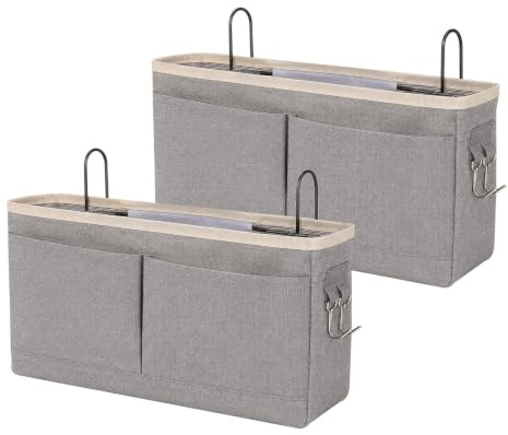 WOKICOR 2 Stück Bett Organizer zum Einhängen, Bettorganizer zum Hängen mit Netzfach und Haken, Hängeaufbewahrung aus Canvas mit Metallrahmen, Nachttisch-Hängeaufbewahrung für Hochbett Büro Küche Grau