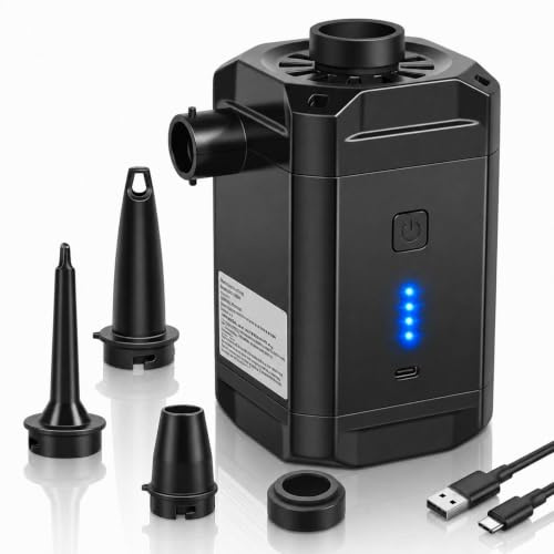 DOUDING 5200mAh Electric Air Pump, Portable Rechargeable Battery Powered Pump with 280L/Min Fast Inflate Deflate, 4 Nozzles & Overheating Protection for Air Mattress, Inflatable Pool, Boat, Camping