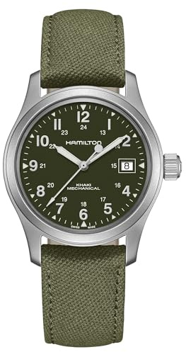 Hamilton Khaki Field Mechanical Men's Watch, 38mm Stainless Steel Case, Swiss Made, Green Dial Analog Wrist Watch for Men, 50m Waterproof, Sapphire Crystal, Canvas Strap