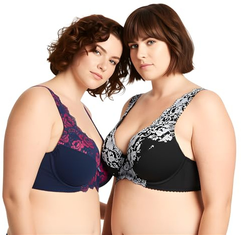 Curve Muse Minimizer-fodrad bygel-bh med spetsbroderi för kvinnor-2-Packa-Blå, Silver-85C