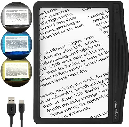 MagniPros 5X Rechargeable Large Ultra Bright LED Page Magnifier with Anti-Glare Lens & 3 Color Dimmable Light Modes, Relieve Eye Strain- Ideal for Reading Small Prints, Low Vision, Seniors