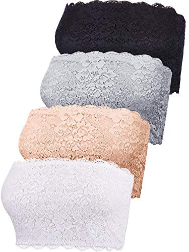 Boao 4 Pieces Women Floral Lace Bandeau Bra Strapless Cleavage Cover Tube Top Elastic Seamless Stretchy No Pad Bandeau Bra(X-Large,Black, White, Nude, Gray)