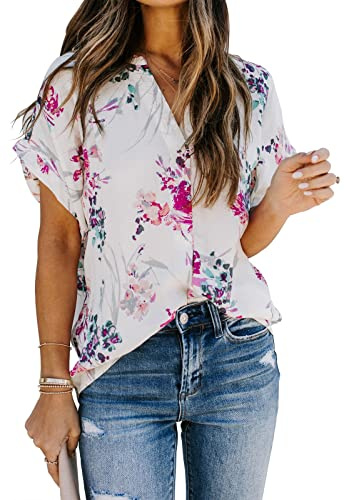 ANCAPELION Women’s Summer Chiffon Blouse Casual Short Sleeve V Neck Shirt Loose Printed Cuffed Sleeve Tunic Tops for Women White Printed Medium
