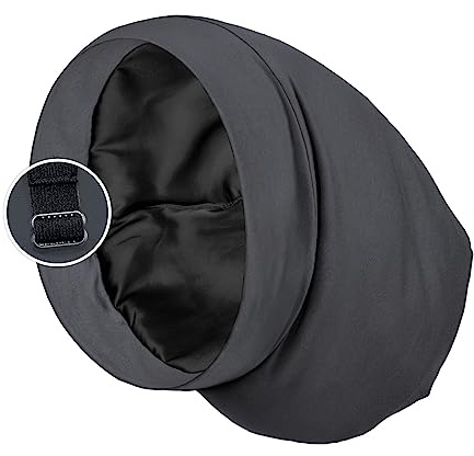 Satin gefütterte Schlafmütze Mütze für lockiges Haar und Zöpfe, Bleiben Sie die ganze Nacht über auf Haarwickel mit verstellbarem Riemen für Damen und Herren, Schwarz Grau, 1 Stück