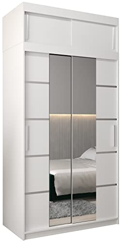 MEBLE KRYSPOL Verona 4 120 Schlafzimmerschrank zwei Schiebetüren Kleiderschrank mit Spiegel Schiebetürenschrank Schrank mit Spiegel Kleiderstange und Regalen – 120x240x62cm - Mattweiß mit Verlängerung