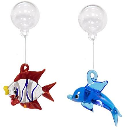 CGLRybO Aquarium-Dekorationen, Aquarium Ornament, Nette Glas 2-Pcs Fisch Tank Dekorationen Schwimmende Dekor Kugelfische&Seepferdchen mit schwimmendem Gerät, Nette Fisch Tank Zubehör