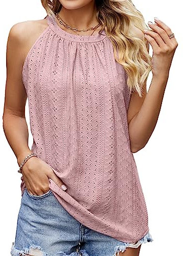 BKEPDY Camiseta sin Mangas para Mujer, Camiseta de Tirantes para Mujer Moda Tank Camiseta Sexy Ajustada de Informal Cuello Halter, Camisa Crop Tops Playa Verano Camisetas Blusa Top (Rosa M)
