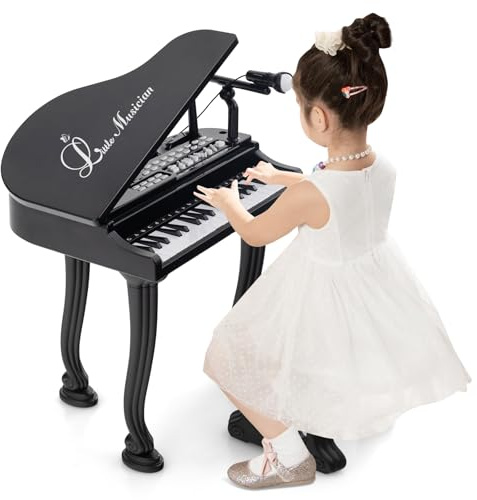 COSTWAY Piano Numérique 37 Touches pour Enfants avec Tabouret & Microphone, Piano Electronique Portable avec Mode d'Enseignement LED & MP3, Piano Enfants 3 Ans, Charge 50kg(37 Touches, Noir)