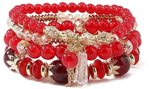 Prosy Multilayer Kristallperle Stapelbare Gold Armband Fantasy Armbänder Handgemachte Hand Zubehör Schmuck Einstellbar für Frauen und Mädchen (Rot)