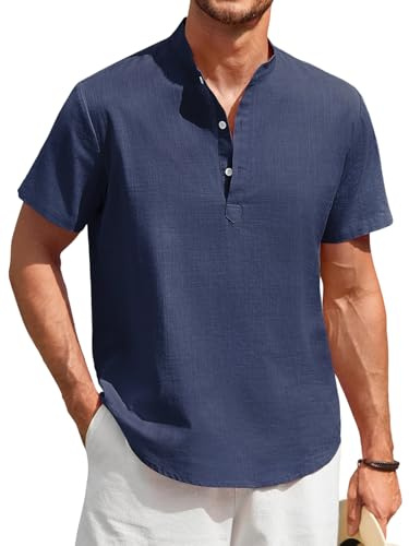 Enlision Herr Bomull Linne Skjorta Sommar Kortärmad Henley Shirt Knappar Avslappnad Hawaii Enfärgad T-shirt Herr T-shirt S-4XL, Marinblå, M
