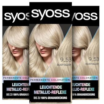 Syoss Color Coloration Metallic Collection 9–53 Silver Blush (3 x 115 ml), permanente Coloration für leuchtende Metallic-Reflexe, für bis zu 100% Grauhaarabdeckung und bis zu 10 Wochen Farbintensität