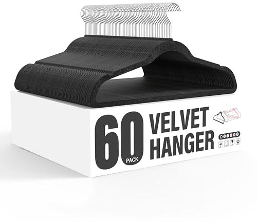 Simple Deluxe Samt-Kleiderbügel, rutschfest, mit Schulterkerben, 360° drehbarer Haken, robuste Kleiderbügel, Kleiderbügel, Kleiderbügel, platzsparend, Schwarz, 60 Stück