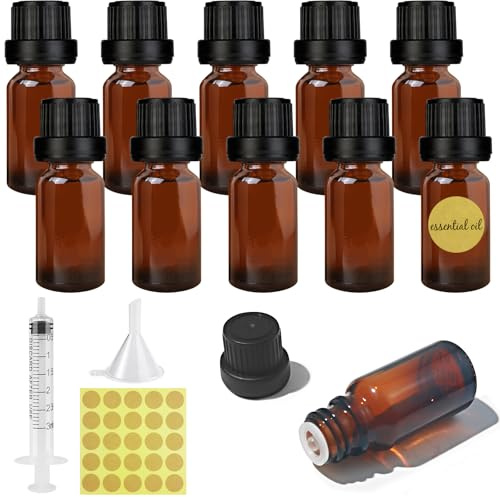 Furuising 10 Piezas 10ml Botellas Vacías de Aceite Esencial de Vidrio Ámbar, Botella de ámbar Vacía, Pequeñas Botellas de Cristal con Tapa Jeringa Embudo para Masaje/Aromaterapia/Perfume