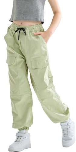 Rolanko Pantalon Cargo Enfant Fille Pantalon de Jogging pour Filles Hip Hop Street Dancewear Costume 4-15 Ans(VertSage,10-11 ans/150)