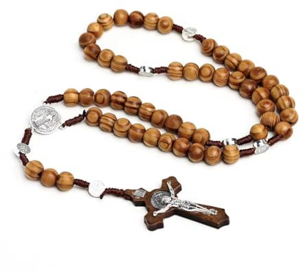 EOYVAIL Cruces y crucifijos de pared,Collar rosario de madera de olivo, rosario cruzado hecho a mano, collar de cuentas cruzadas, cruz católica, con cruz de Jesús (color café)