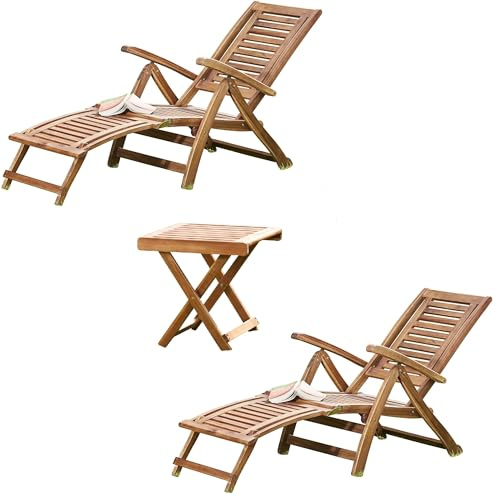 Garden Life Acacia Hardwood Folding Steamer Deckchair & Table Pre-Treated Garden Furniture with Adjustable Backrest & Integrated Footstool and Folding Table (2 Chairs & Table)