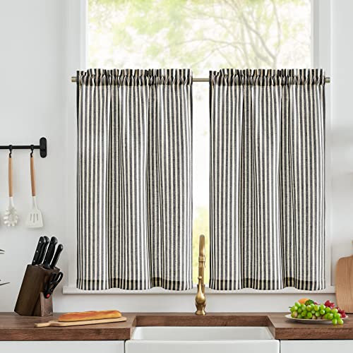 TOPICK Black Striped Kitchen Curtains 36 Inch Drop, Linen Look Small Cafe Curtains, Light Filtering Short Half Window Curtain 2 Panels for Bathroom, Cupboard Base, Sink, Basement, W26 x L36 Inch