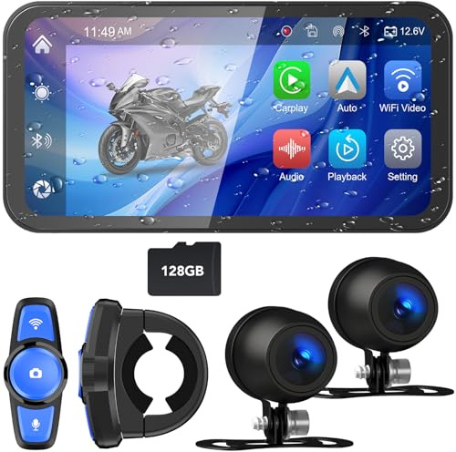 Tenbaba 6.25 Motorcycle Dash Cam, Wireless Motorcycle Carplay & Android Auto Screen, Motorbike GPS Navigation, IP67 Waterproof Touchscreen, Remote Control, Pantalla para Moto, Bluetooth, Siri, 128G