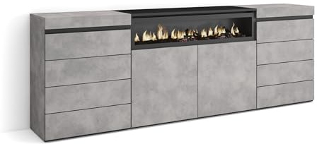 Skraut Home | Cómoda, Cajonera | Mueble Auxiliar | 214x75x35 cm | Dormitorio, habitación | Chimenea eléctrica | Estilo Moderno | Cemento