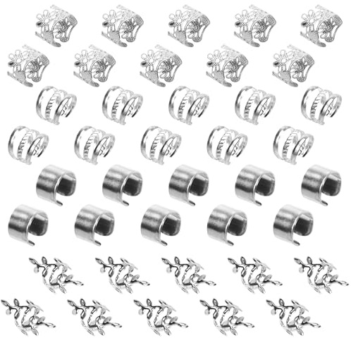 XCZYN Silver Hair Braids Dreadlock Non-Piercing Ear Clip Beard Cuffs Clip Hair Accessories Styling Fashion Jewelry Gift Toos for Women Men Passion Twist Goddess Locs Crochet Hair Rings (40Pcs, Silver)