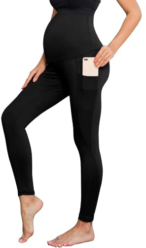 Risipu Women's Maternity Workout Leggings Over The Belly Pregnancy Yoga Pants with Pockets Soft Activewear Workout Pants (UK, Alpha, L, Regular, Regular, Black)