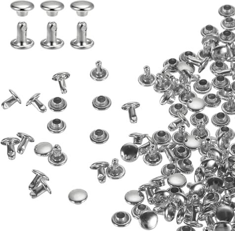 sourcing map 100 Sets Double Cap Leather Rivets, 6x6mm Round Cap Tubular Metal Studs Leather Crafting Rivets for Fabric Belt Pet Collar Boot Bag Repair and Decoration, Silver