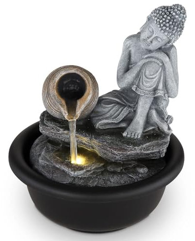 bmf-versand® Tischbrunnen Buddha mit Beleuchtung – Hübsche Dekoleuchte mit Wasserfall – Zimmerbrunnen mit Leuchtfunktion Pumpe Grau Dekoration